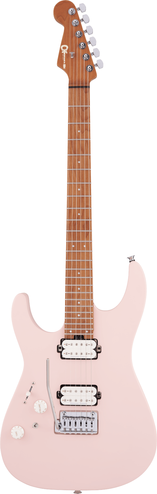 Charvel Pro-Mod DK24 HH 2PT CM left-handed electric guitar in Satin Shell Pink, front view
