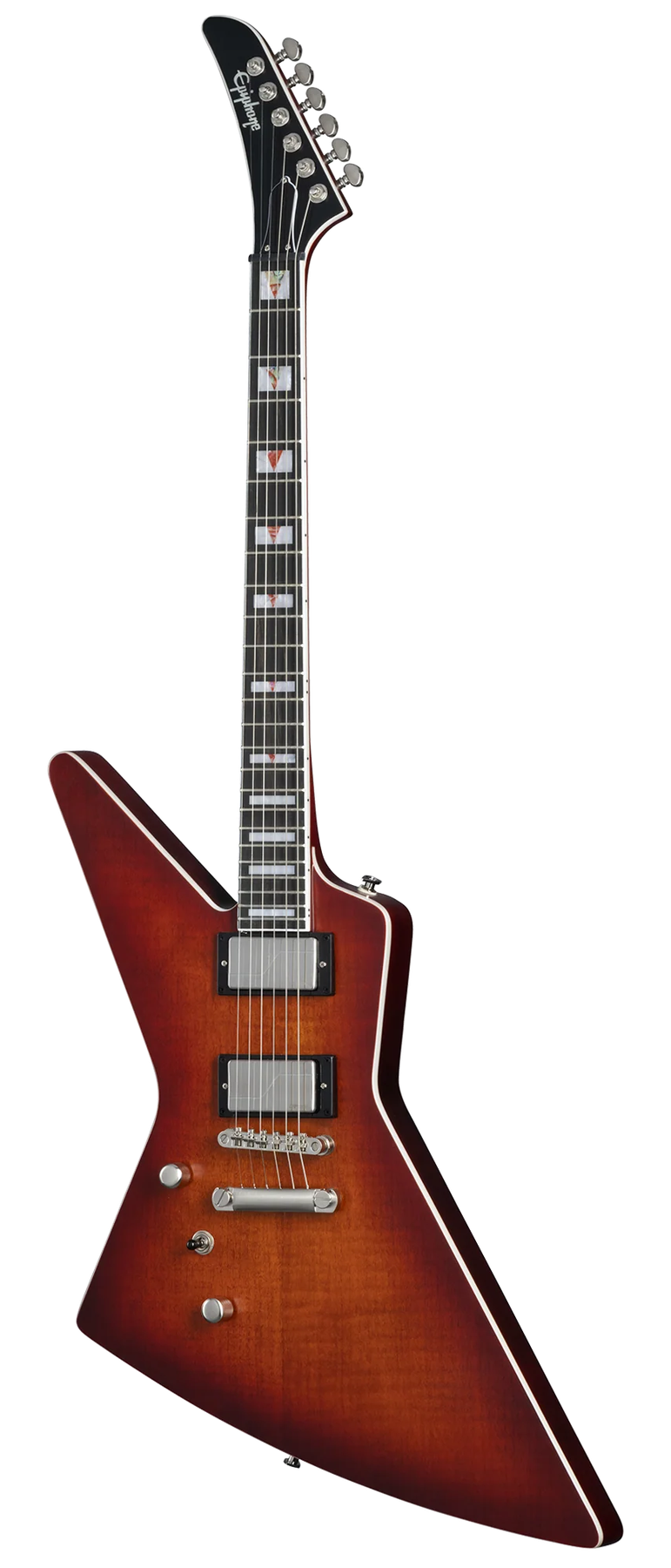 Epiphone Epiphone Extura Prophecy left-handed electric guitar in Aged Bengal Tiger Burst, front view