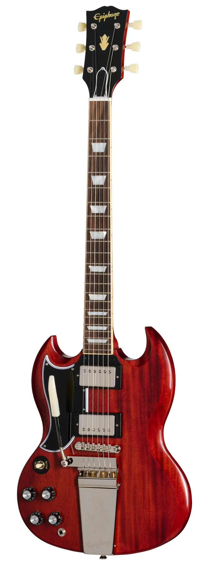 Epiphone Epiphone IGC 1964 SG Standard Reissue With Maestro Vibrola left-handed electric guitar in Cherry Red, front view