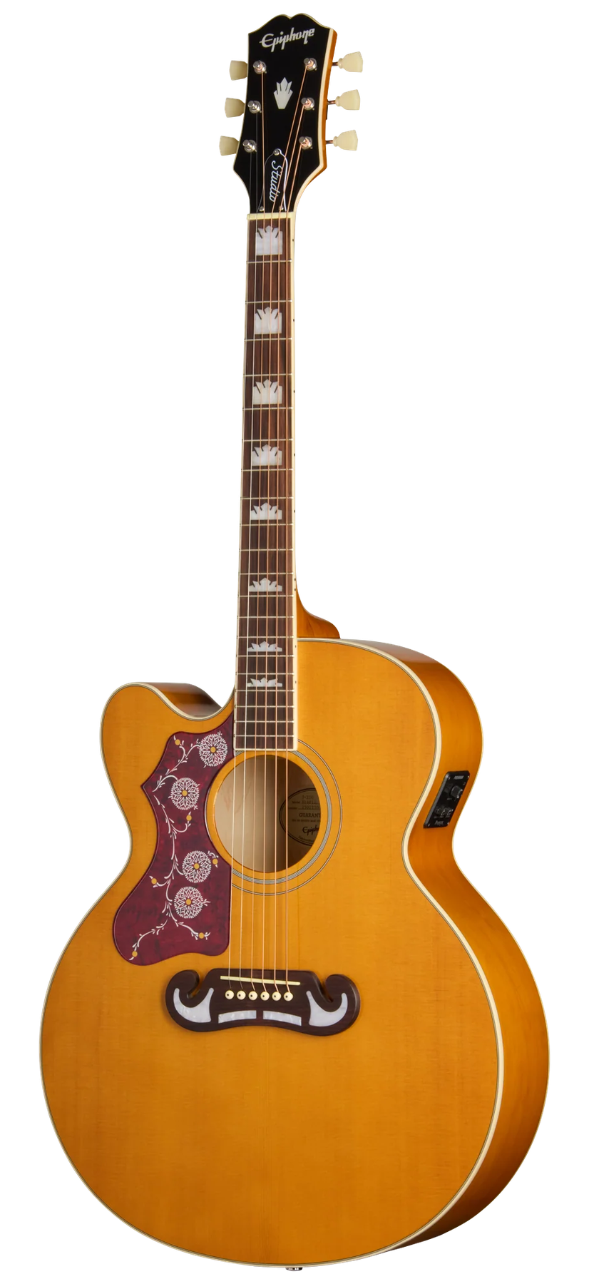 Epiphone J-200 EC Studio left-handed acoustic guitar in Vintage Sunburst, front view