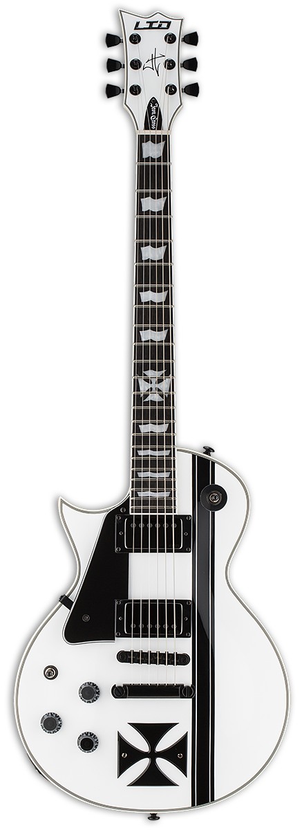 ESP/LTD LTD IRON CROSS left-handed electric guitar in Snow White w/ Black Stripes, front view