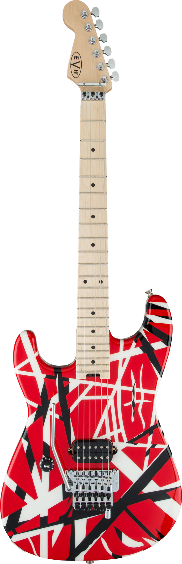 EVH Striped Series left-handed electric guitar in Red with Black and White Stripes, front view