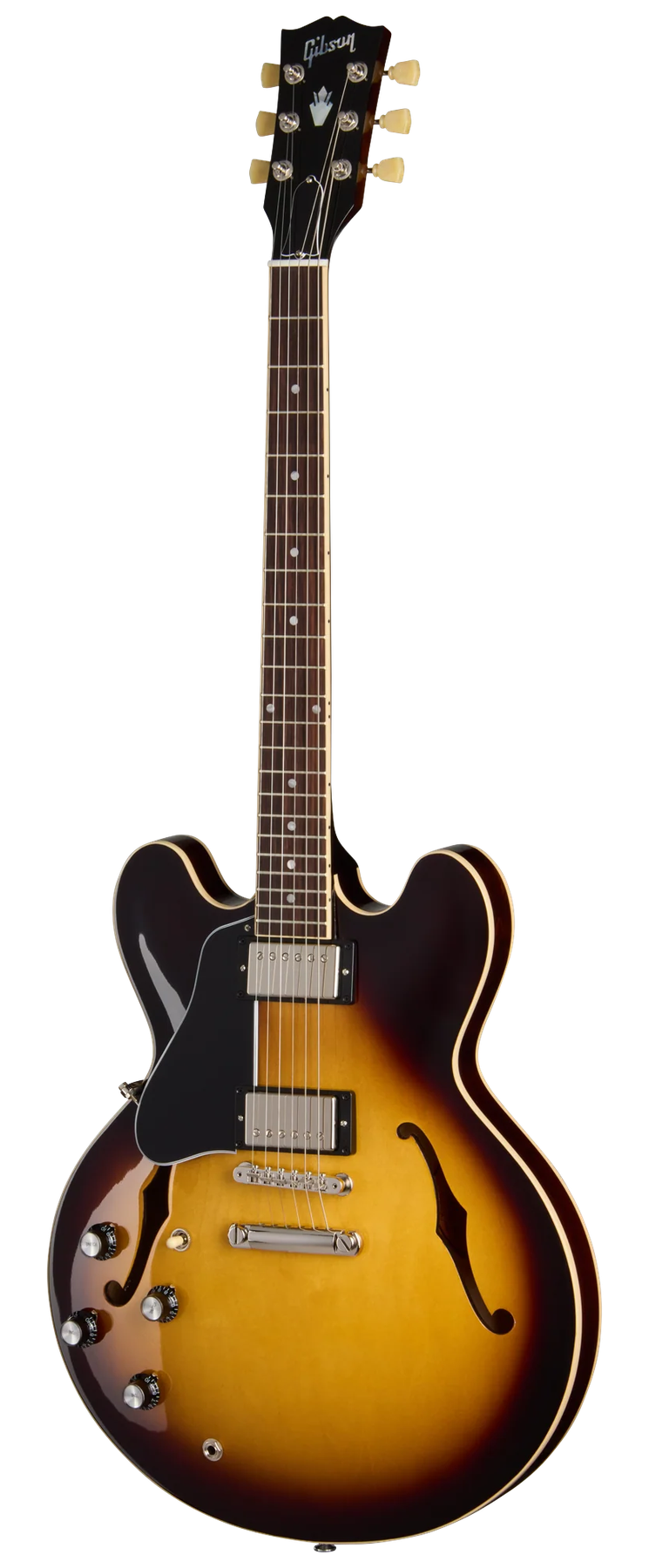 Gibson ES-335 left-handed electric guitar in Vintage Burst, front view