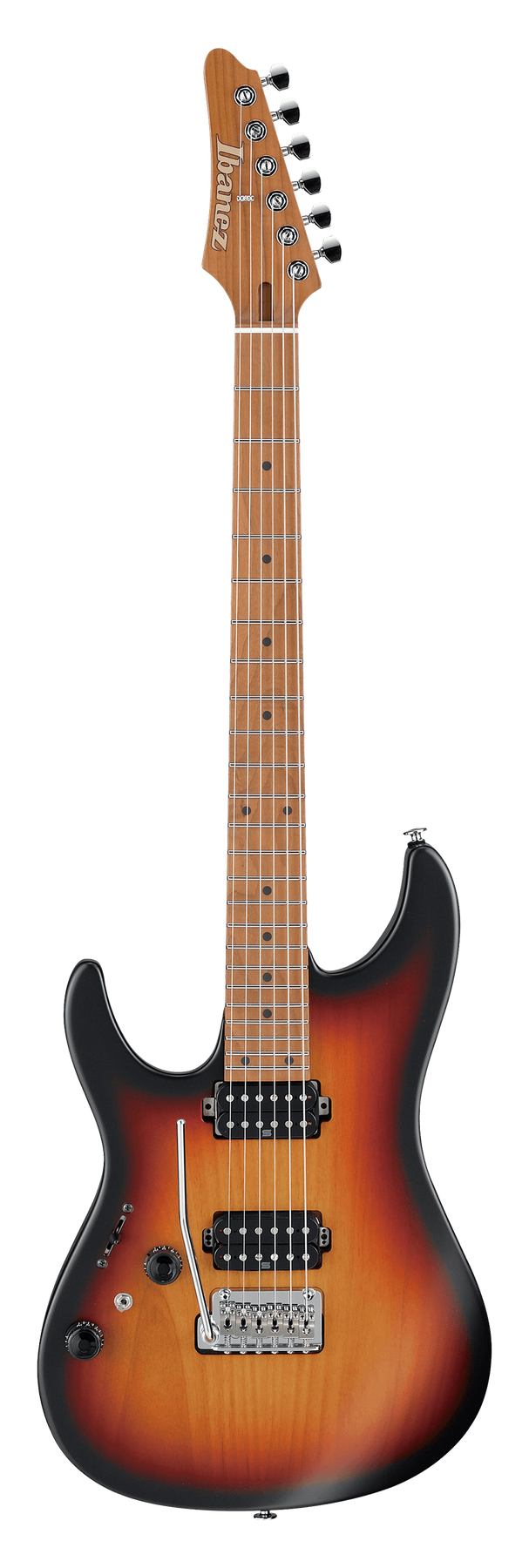 Ibanez AZ2402L left-handed electric guitar in Tri Fade Burst Flat, front view