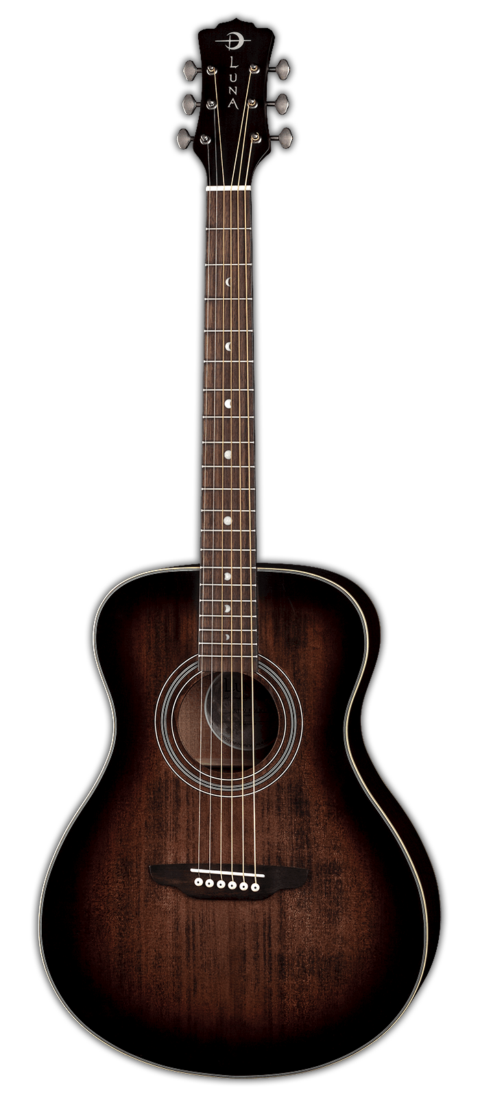 Luna Art Vintage Folk Solid Top LH left-handed acoustic guitar in Distressed Vintage Brownburst, front view