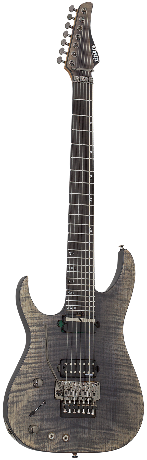 Schecter Banshee Mach-7 FR S left-handed electric guitar in Ember Burst, front view
