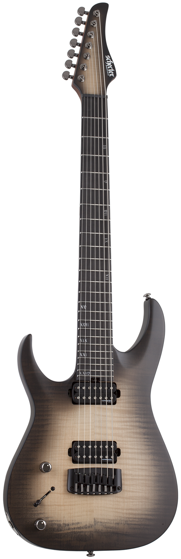 Schecter Banshee Mach-7 left-handed electric guitar in Ember Burst, front view