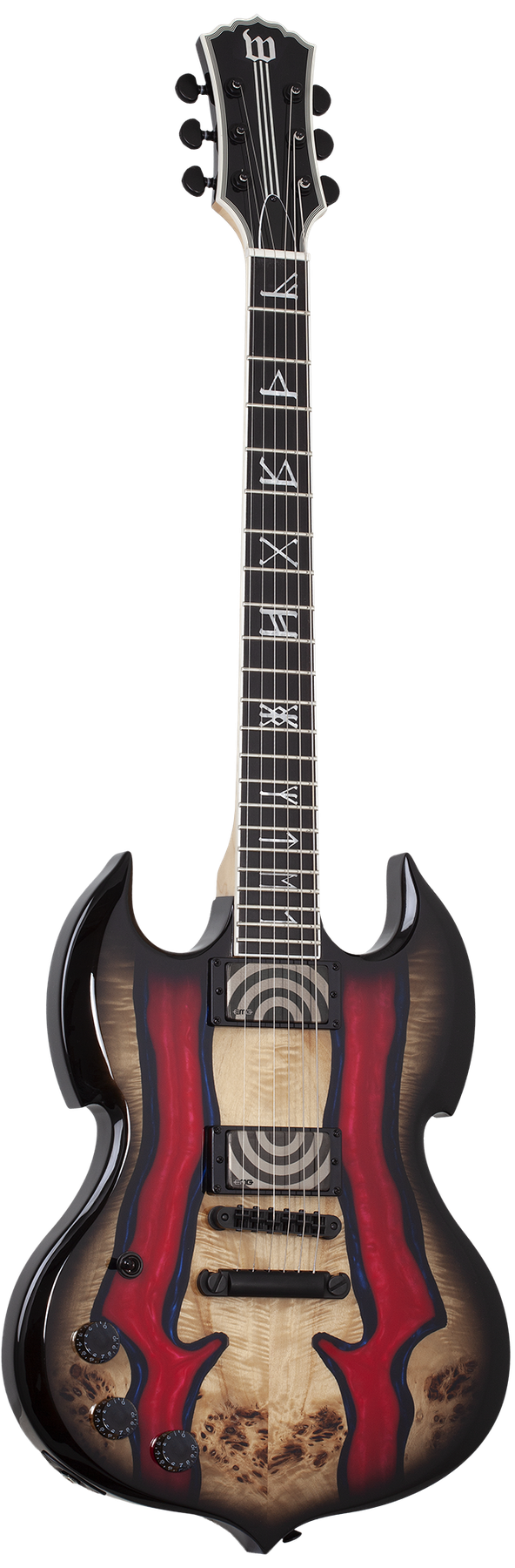 Schecter Barbarian Special Edition left-handed electric guitar in Blood River Burl