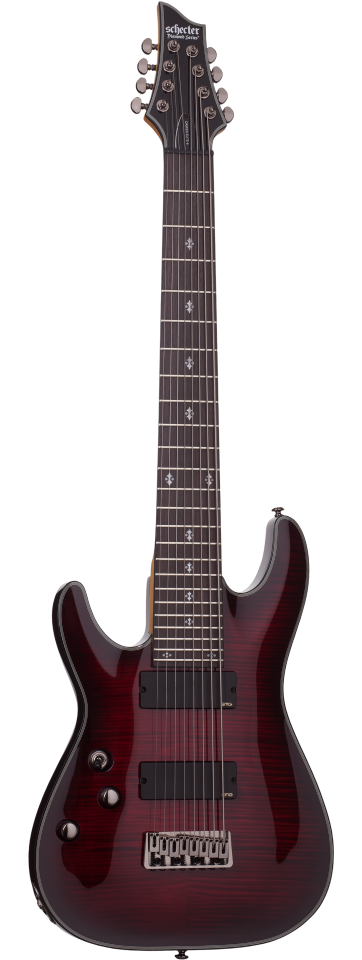 Schecter Damien Elite-8 left-handed electric guitar in Crimson Red Burst (CRB)