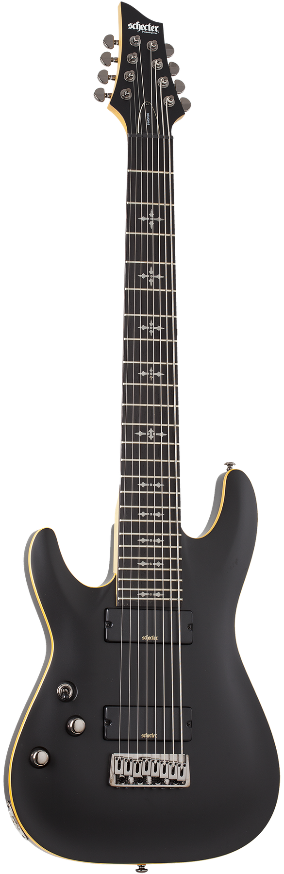 Schecter Demon-8 left-handed electric guitar in Aged Black Satin
