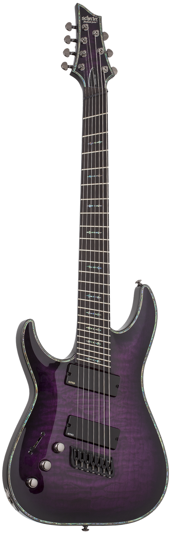 Schecter Hellraiser C-7 Multiscale left-handed electric guitar in Trans Purple Burst (TPB)