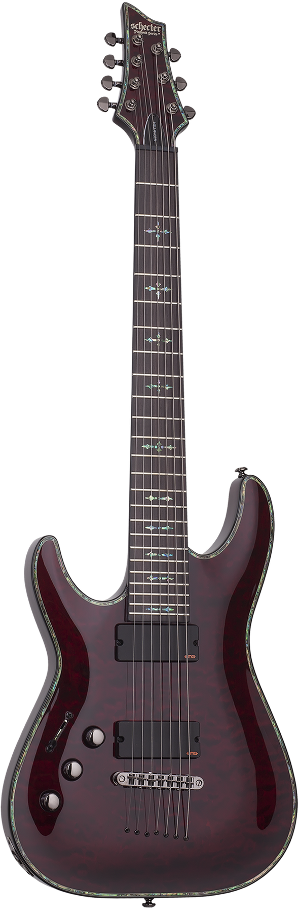 Schecter Hellraiser C-7 left-handed electric guitar in Black Cherry