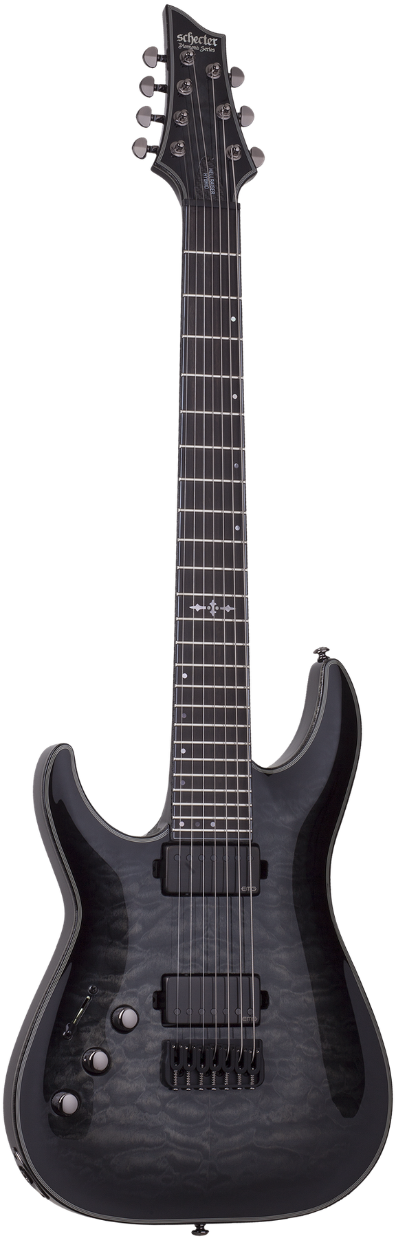 Schecter Hellraiser Hybrid C-7 left-handed electric guitar in Trans Black Burst