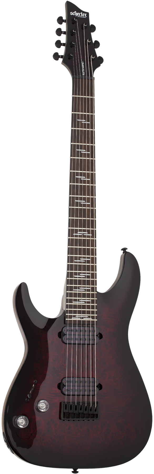 Schecter Omen Elite-7 left-handed electric guitar in Black Cherry Burst