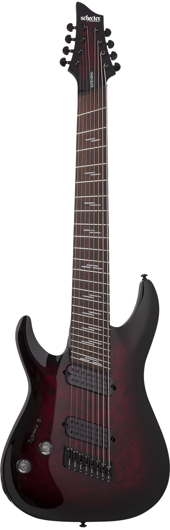 Schecter Omen Elite-8 Multiscale left-handed electric guitar in Black Cherry Burst