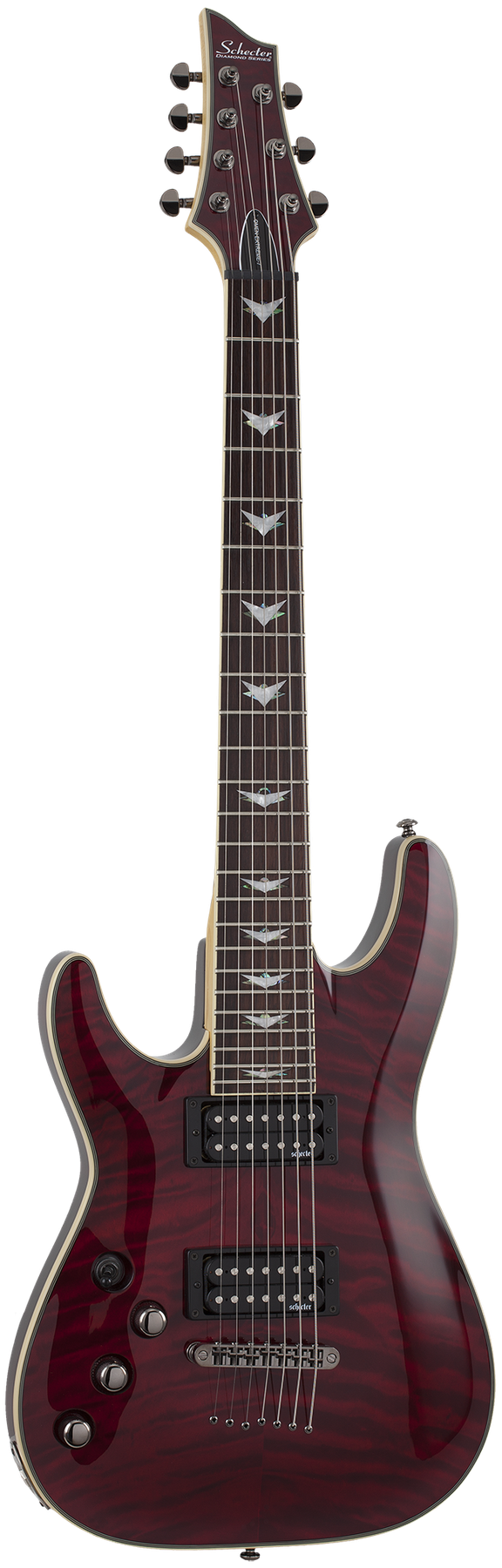 Schecter Omen Extreme-7 left-handed electric guitar in Black Cherry, front view