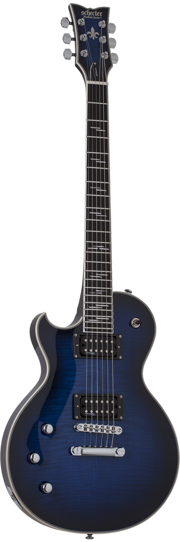 Schecter Solo-II Supreme left-handed electric guitar in See-Thru Blue Burst