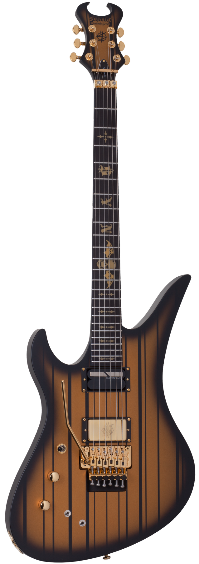 Schecter Synyster Custom-S left-handed electric guitar in Gloss Black w/Gold Stripes