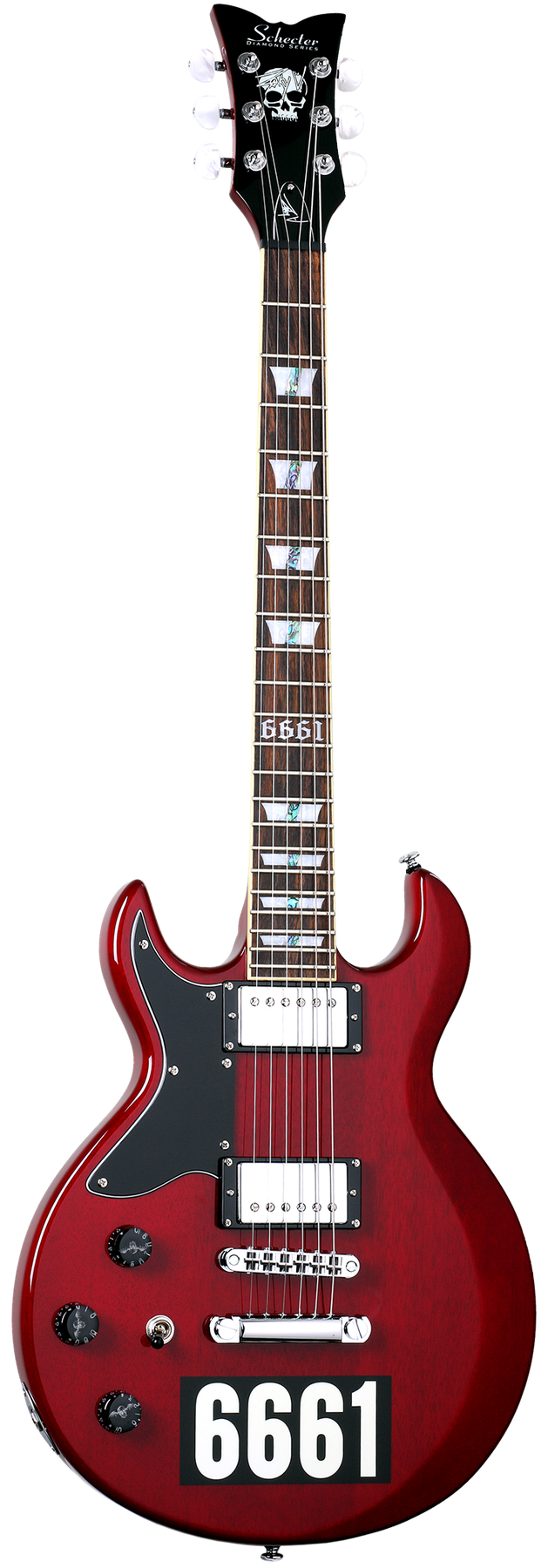 Schecter Zacky Vengeance Custom Reissue left-handed electric guitar in See Thru Cherry with 6661 Graphic, front view